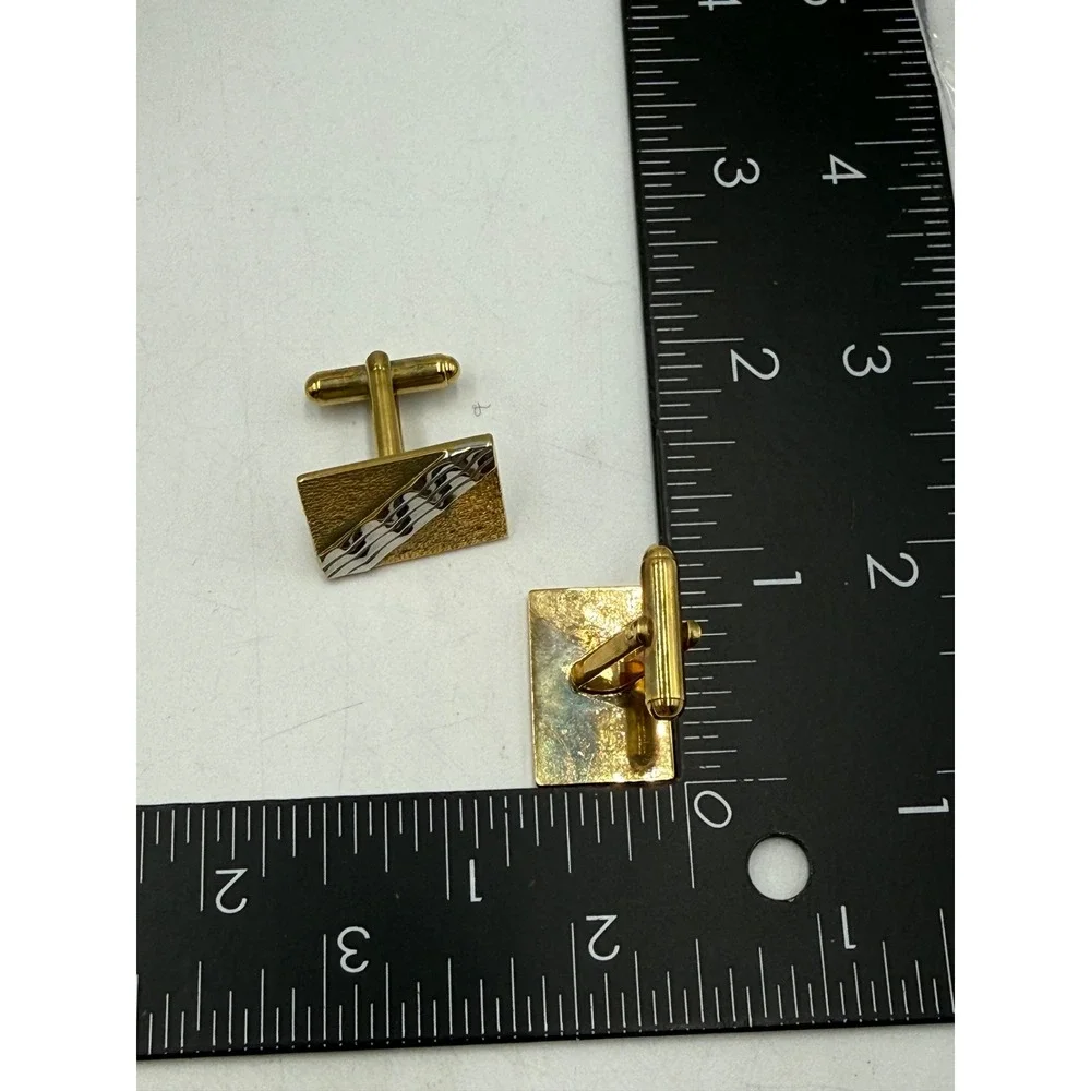 Vintage Two Tone Gold Silver Stripe Rectangular Cufflinks Textured Geometric